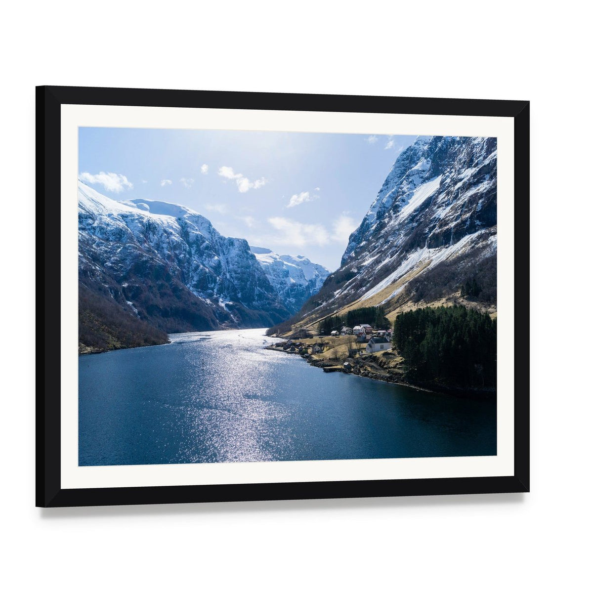 Ardal Fjord Village in Winter Canvas Wall Art, framed print with white mat and black frame, angled product view