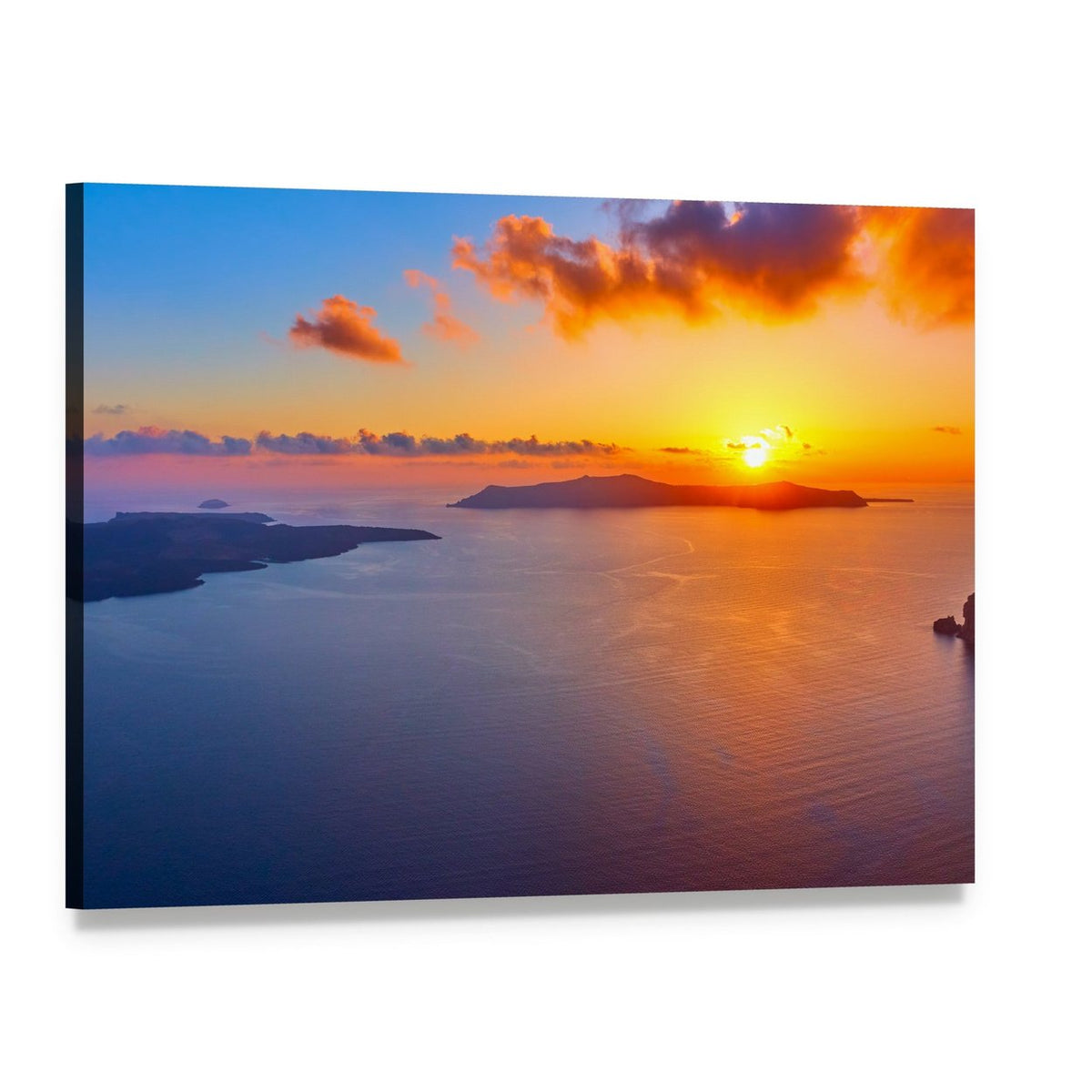 Santorini Sunset Over Sea Canvas Wall Art, single panel gallery wrapped canvas, angled product view