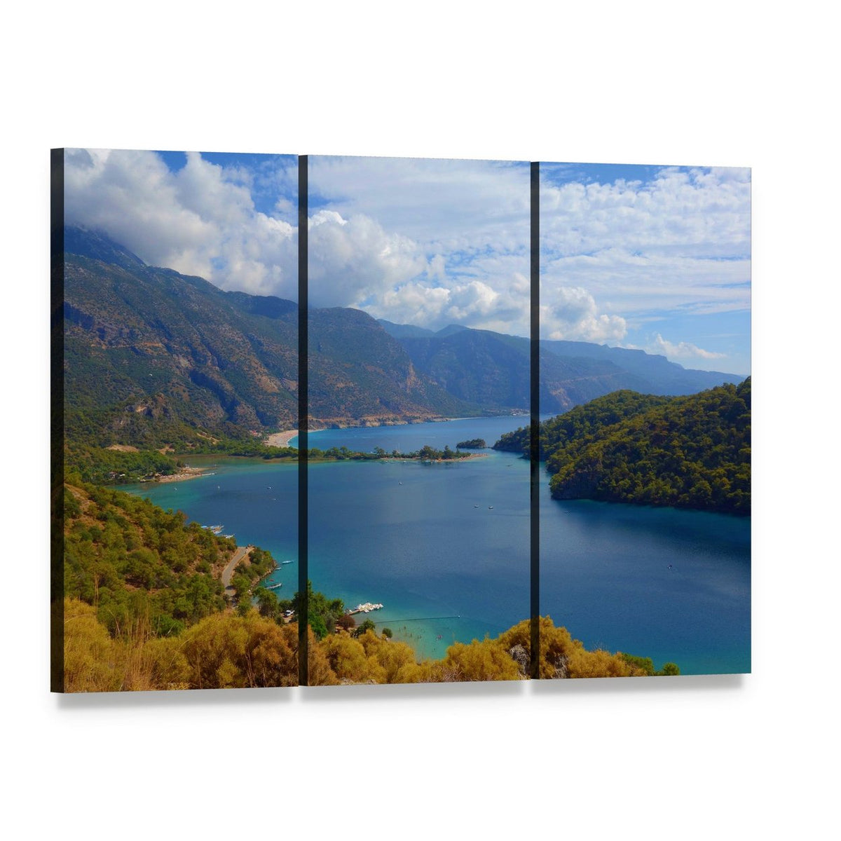 Lagoon and Mountain Bay, Turkey Canvas Wall Art, 3 panel 3 Horizontal layout gallery wrapped canvas set, angled product view