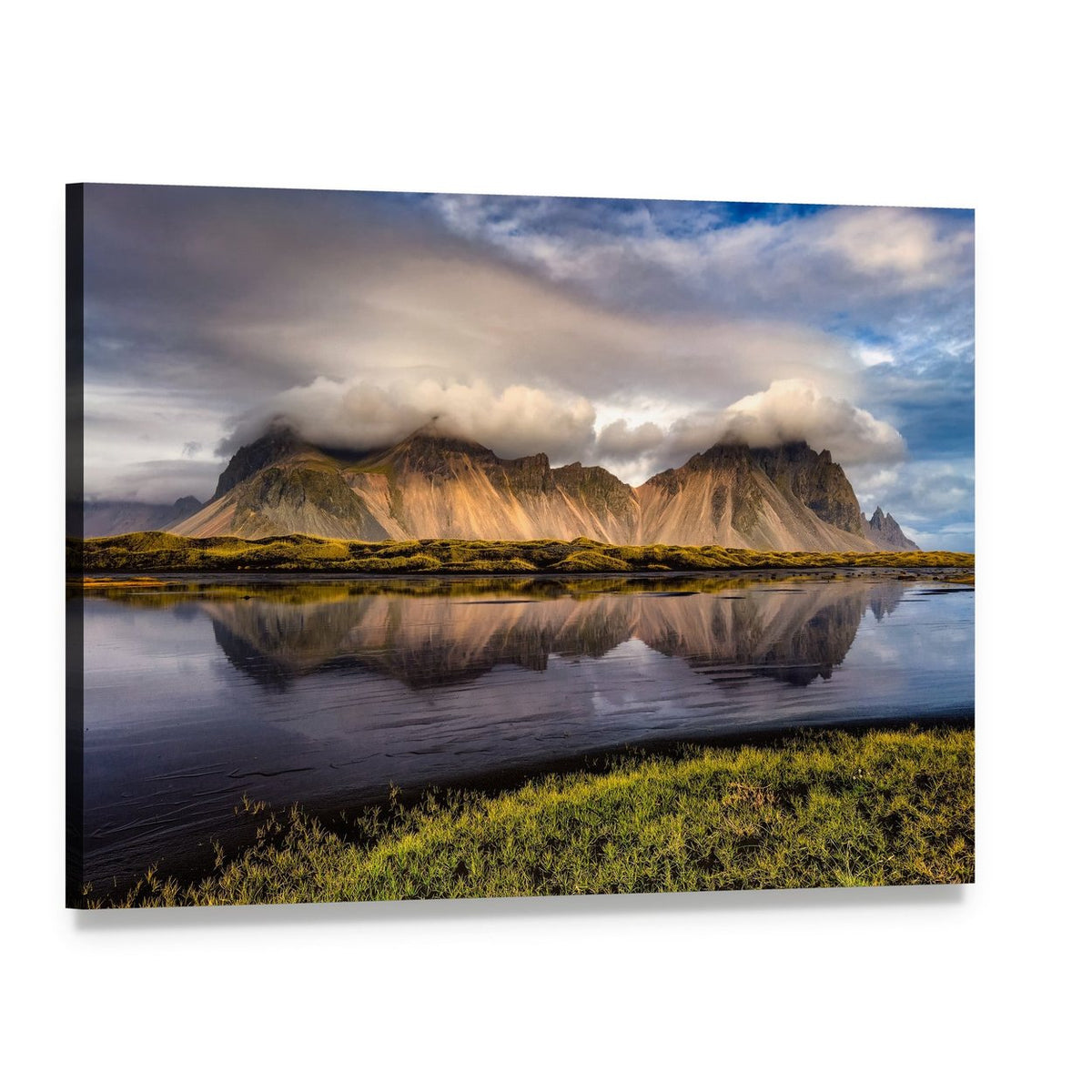 Vestrahorn Lake Reflection at Golden Hour Canvas Wall Art, single panel gallery wrapped canvas, angled product view