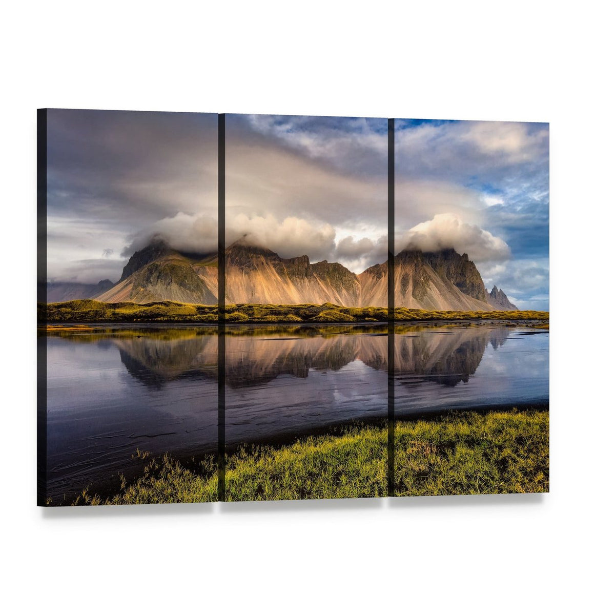 Vestrahorn Lake Reflection at Golden Hour Canvas Wall Art, 3 panel 3 Horizontal layout gallery wrapped canvas set, angled product view