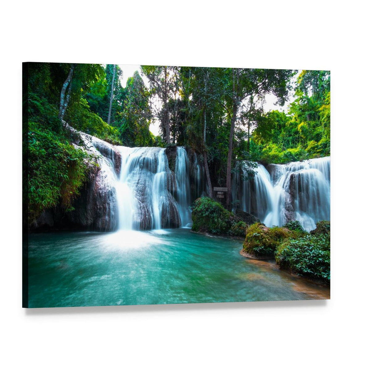 Tropical Waterfall with Turquoise Pool Canvas Wall Art, single panel gallery wrapped canvas, angled product view