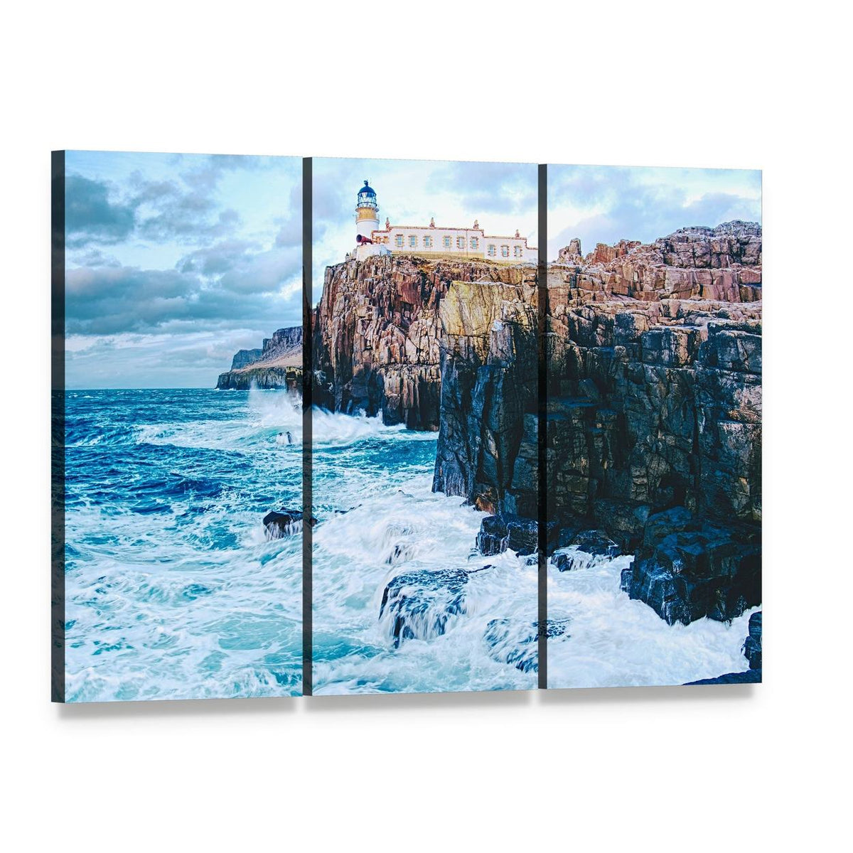 Old Lighthouse on Stormy Cliffs Canvas Wall Art, 3 panel 3 Horizontal layout gallery wrapped canvas set, angled product view