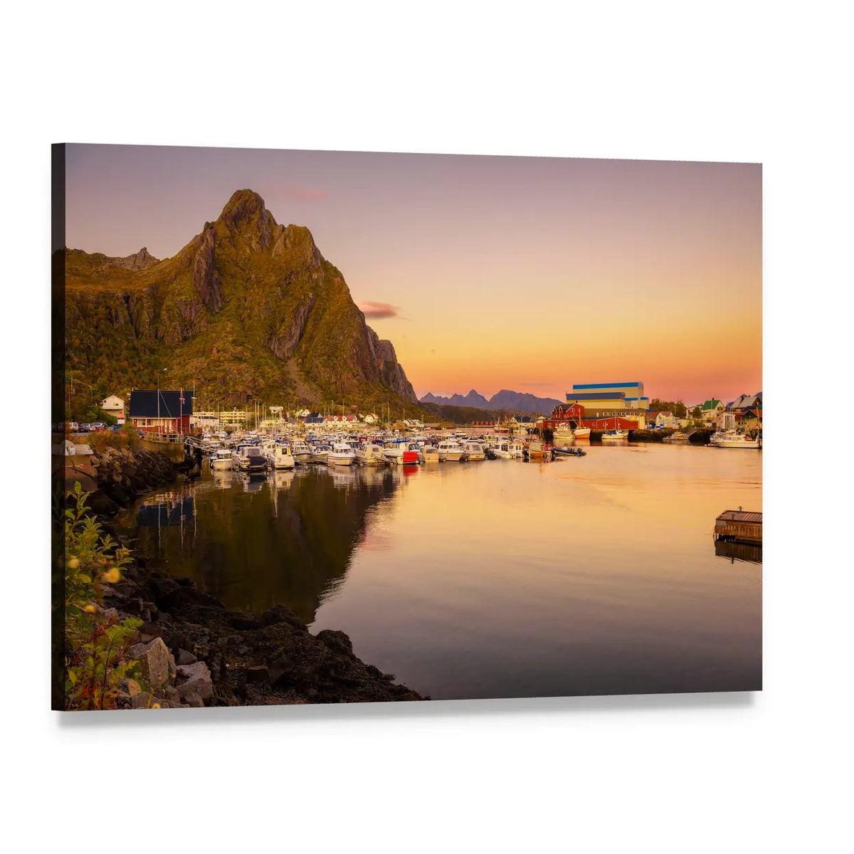 Svolvaer Marina at Sunset Canvas Wall Art, single panel gallery wrapped canvas, angled product view