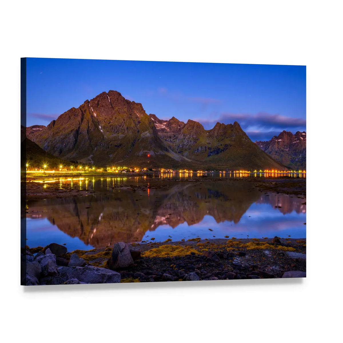 Norwegian Fishing Village at Twilight Canvas Wall Art, single panel gallery wrapped canvas, angled product view