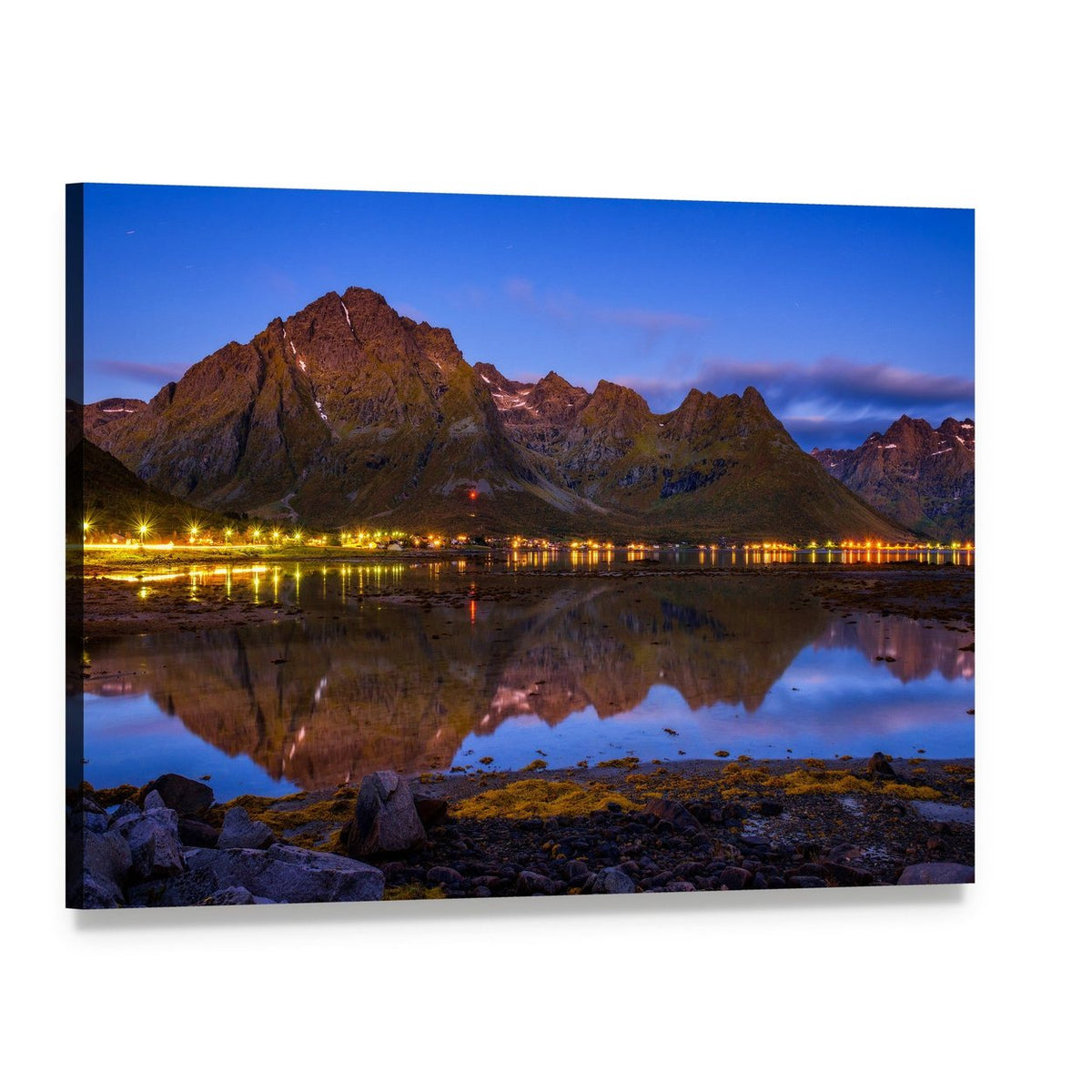 Fishing Village in Norway at Night Canvas Wall Art, single panel gallery wrapped canvas, angled product view