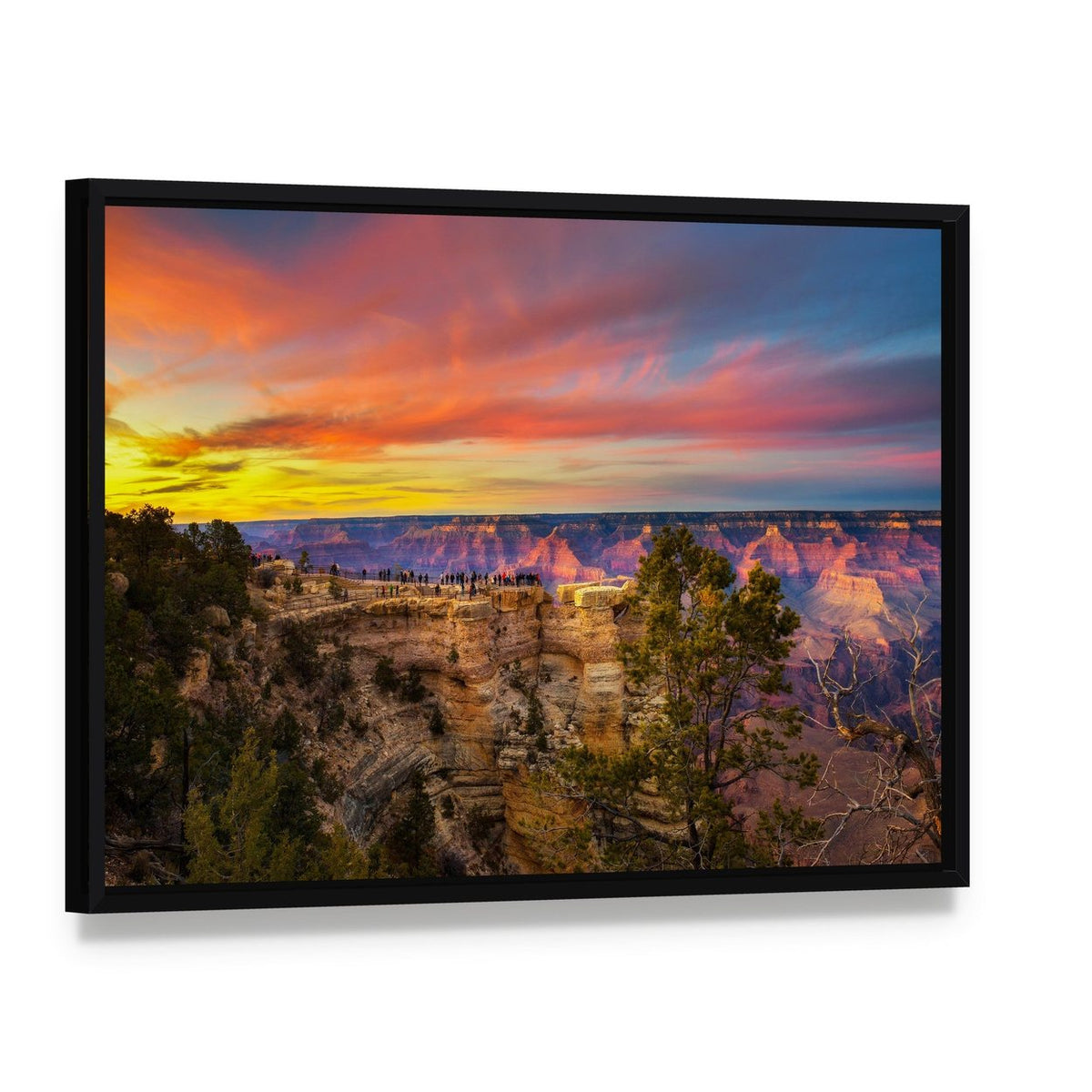 Mather Point at Grand Canyon Sunset Canvas Wall Art, framed canvas in a black floater frame, angled product view