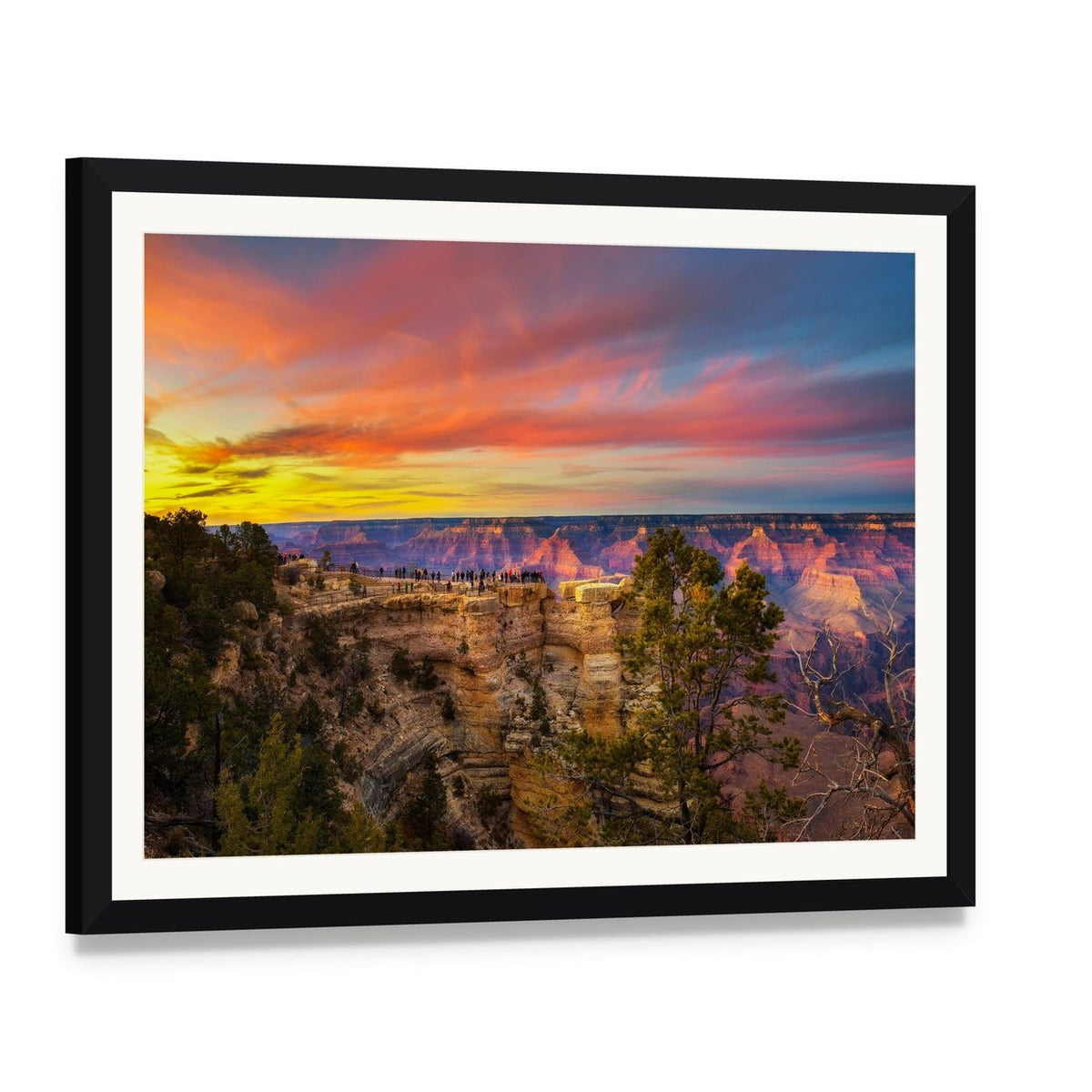 Mather Point at Grand Canyon Sunset Canvas Wall Art, framed print with white mat and black frame, angled product view
