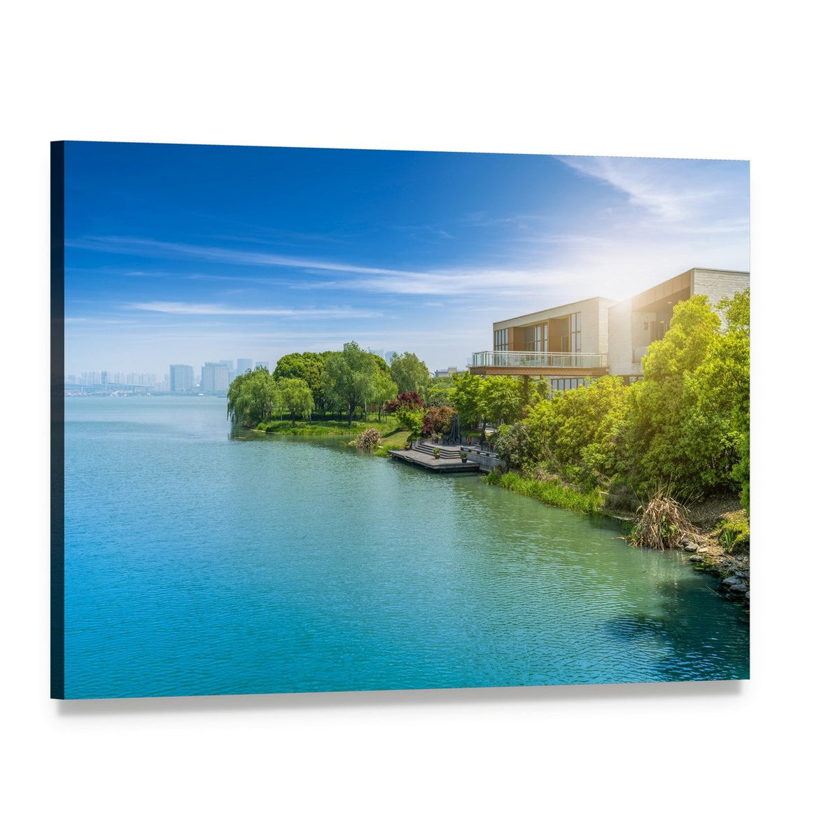 Suzhou Jinji Lake Pier View Canvas Wall Art, single panel gallery wrapped canvas, angled product view