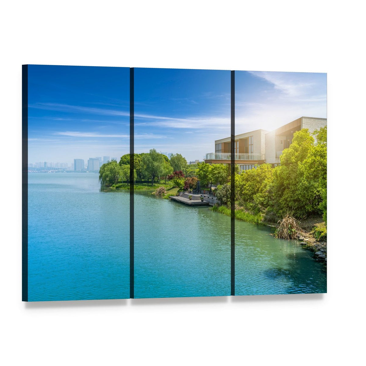 Suzhou Jinji Lake Pier View Canvas Wall Art, 3 panel 3 Horizontal layout gallery wrapped canvas set, angled product view