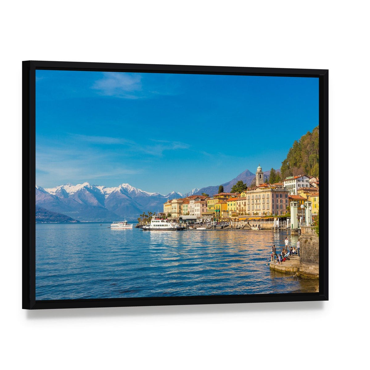 Small Village on Lake Como Canvas Wall Art, framed canvas in a black floater frame, angled product view