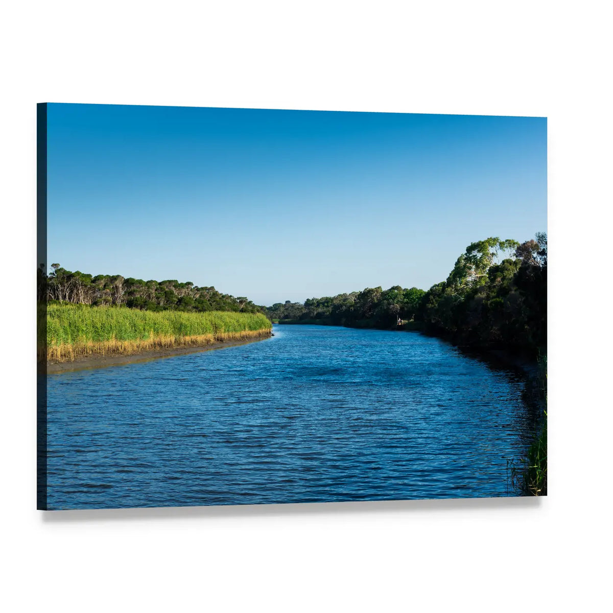 Calm River with Lush Green Banks Canvas Wall Art, single panel gallery wrapped canvas, angled product view