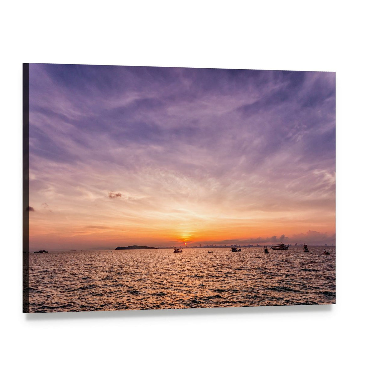 Purple-orange Sunset Over Ocean with Boats Canvas Wall Art, single panel gallery wrapped canvas, angled product view