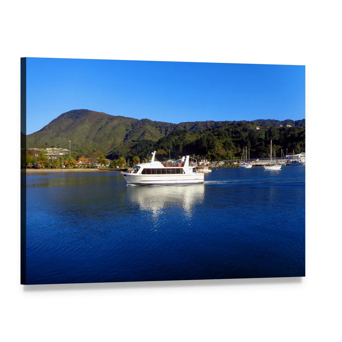 Passenger Boat on Calm Blue Water Canvas Wall Art, single panel gallery wrapped canvas, angled product view
