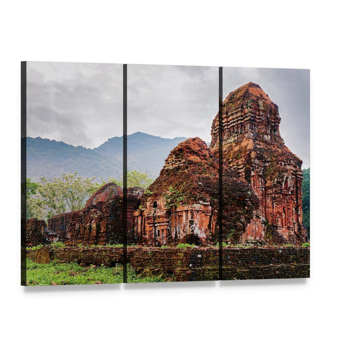 Old Hindu Temple Ruins Canvas Wall Art, 3 panel 3 Horizontal layout gallery wrapped canvas set, angled product view