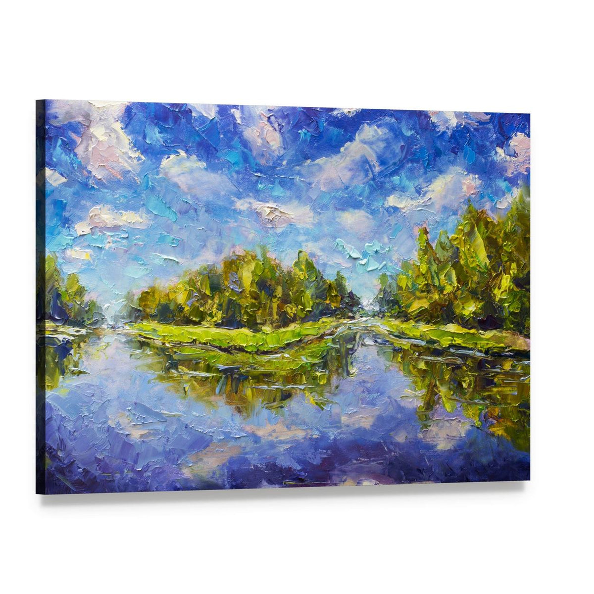 Green Islands with River Reflection Canvas Wall Art, single panel gallery wrapped canvas, angled product view