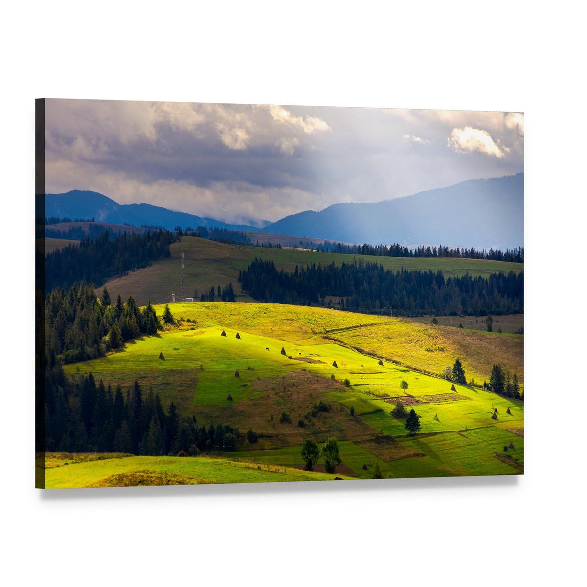Sunlit Mountain Valley with Haystacks Canvas Wall Art, single panel gallery wrapped canvas, angled product view