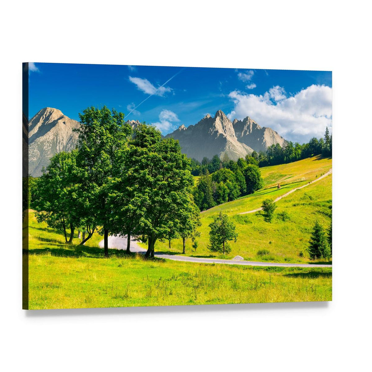 Winding Road Through Mountain Fields Canvas Wall Art, single panel gallery wrapped canvas, angled product view