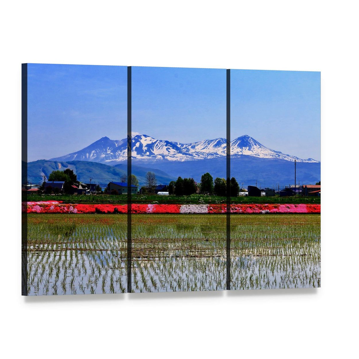 Snow-capped Mountains Over Reflective Rice Paddies Canvas Wall Art, 3 panel 3 Horizontal layout gallery wrapped canvas set, angled product view