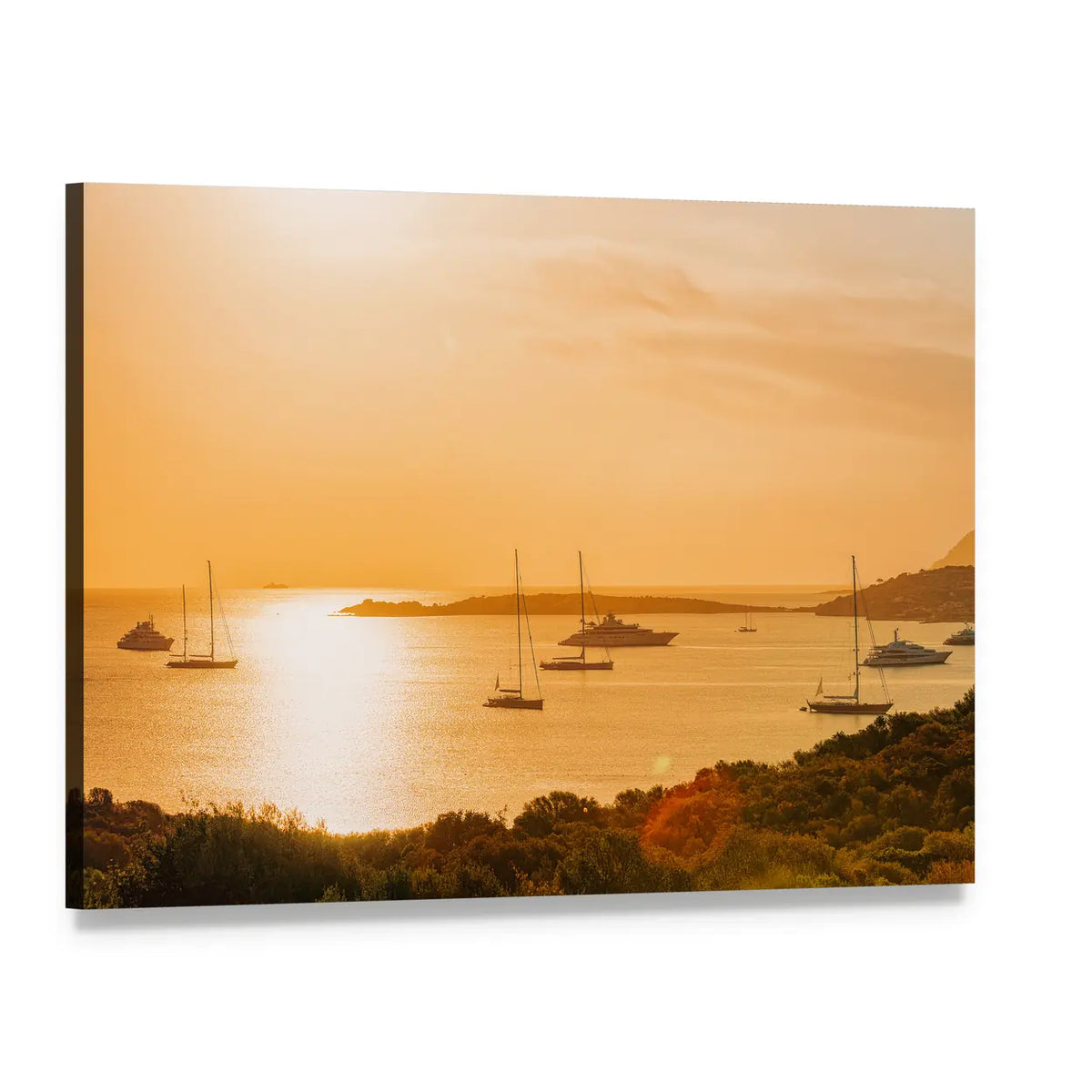 Golden Hour Yachts in Calm Bay Canvas Wall Art, single panel gallery wrapped canvas, angled product view