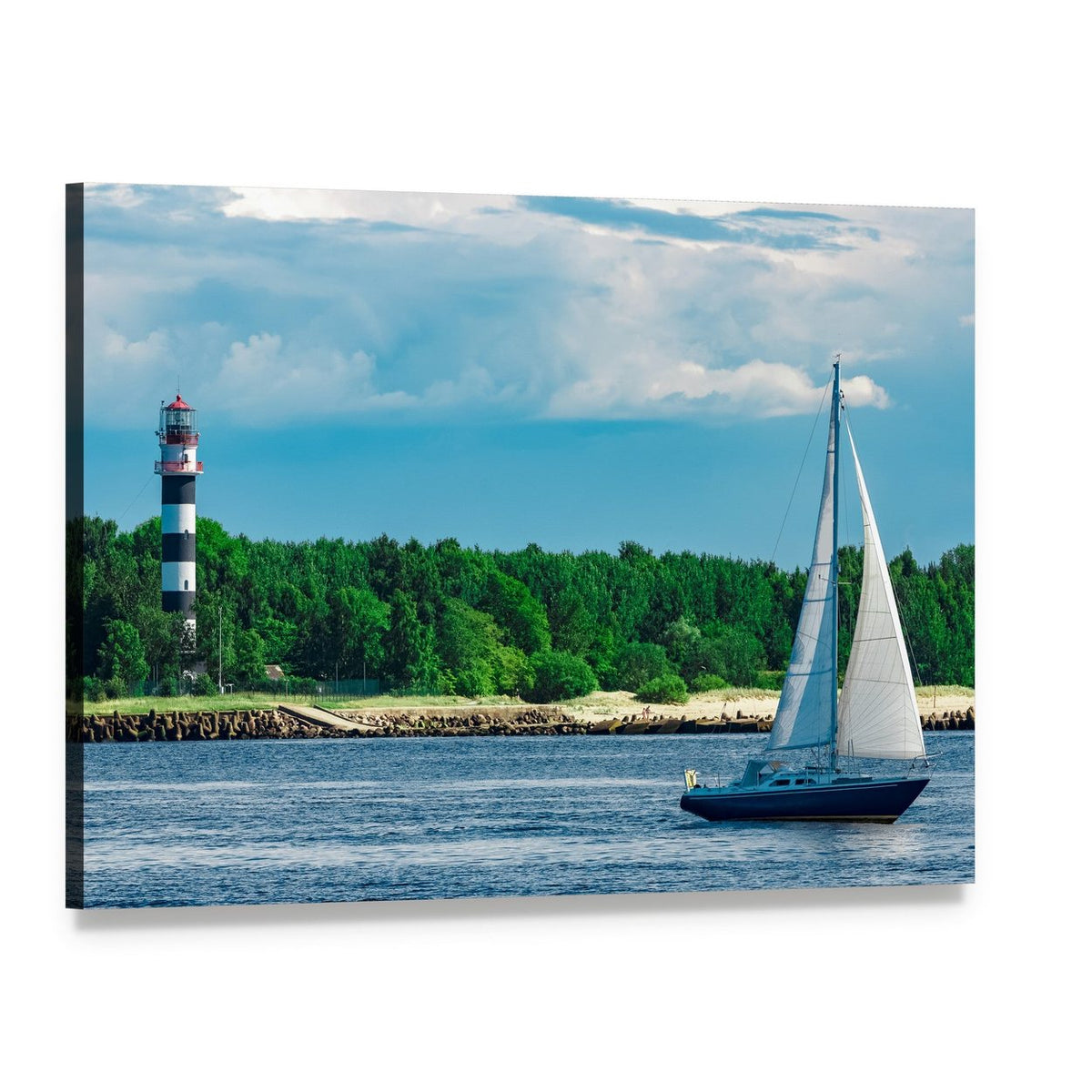 Blue Sailboat on the Sea Canvas Wall Art, single panel gallery wrapped canvas, angled product view