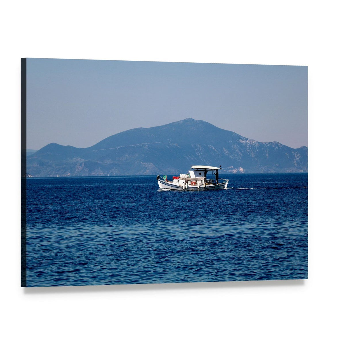 White Cabin Boat on Calm Blue Sea Canvas Wall Art, single panel gallery wrapped canvas, angled product view