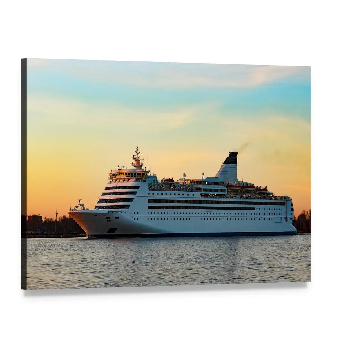 White Passenger Ship at Sunset Canvas Wall Art, single panel gallery wrapped canvas, angled product view