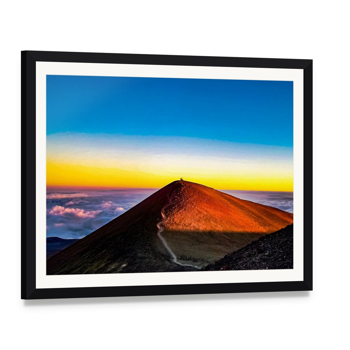 Mauna Kea Mountain at Sunset Canvas Wall Art, framed print with white mat and black frame, angled product view