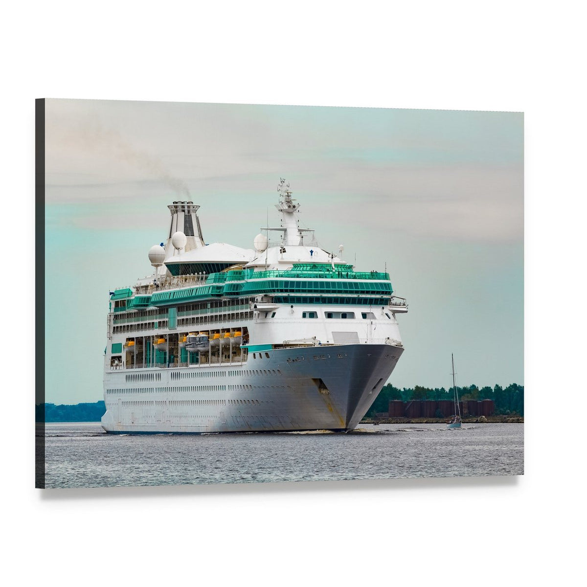 White Cruise Liner with Smokestacks Canvas Wall Art, single panel gallery wrapped canvas, angled product view