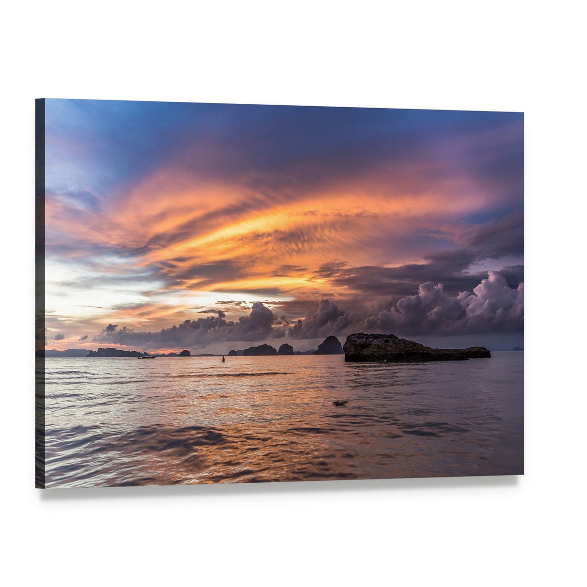 Sunset Over Islands with Small Boat Canvas Wall Art, single panel gallery wrapped canvas, angled product view