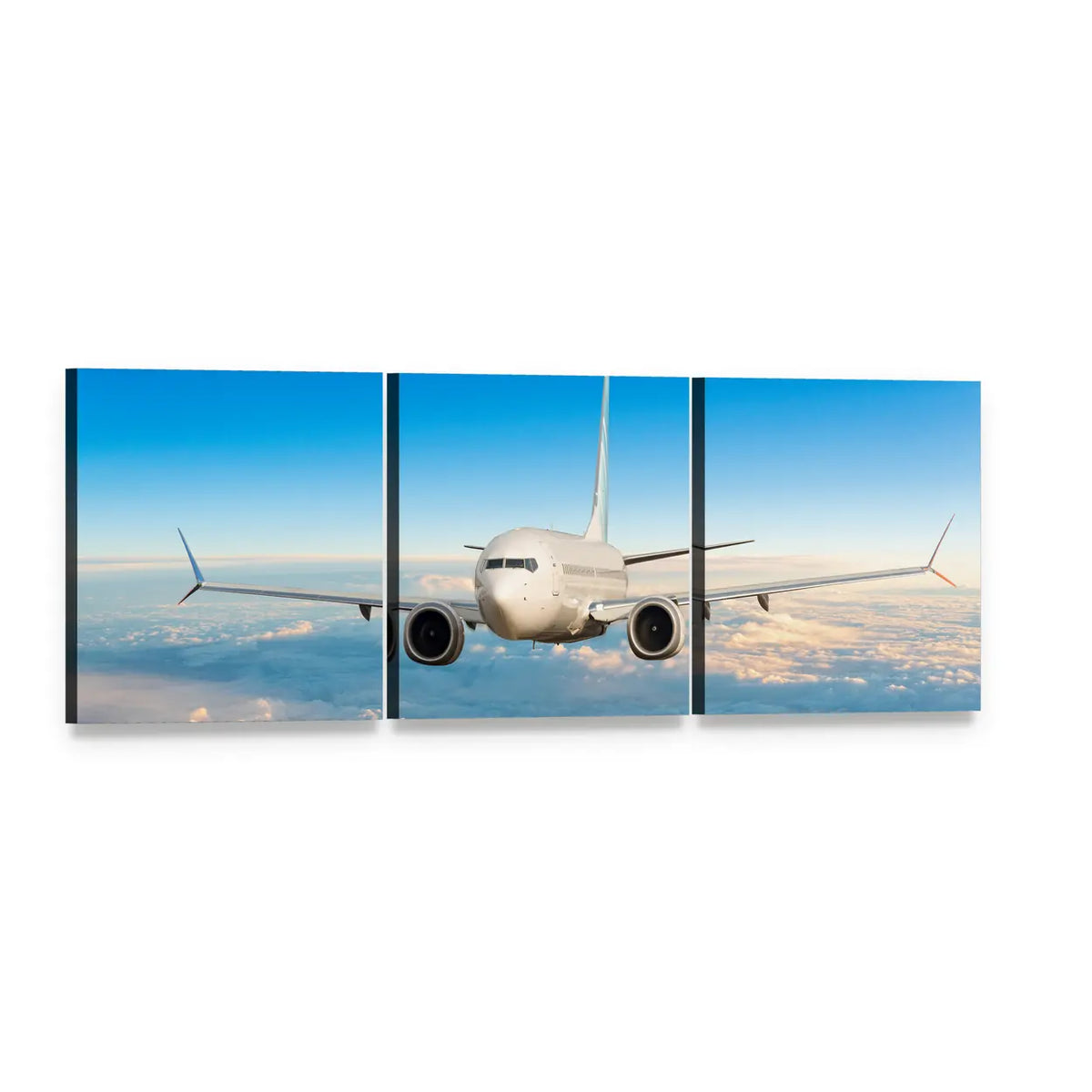 Twin-engine Jetliner in Flight Panoramic Canvas Wall Art, 3 panel 3 Piece layout gallery wrapped canvas set, angled product view