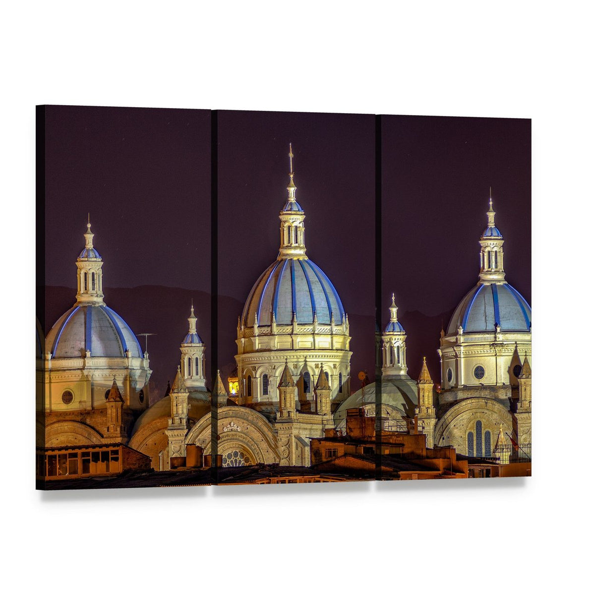New Cathedral of Cuenca Canvas Wall Art, 3 panel 3 Horizontal layout gallery wrapped canvas set, angled product view