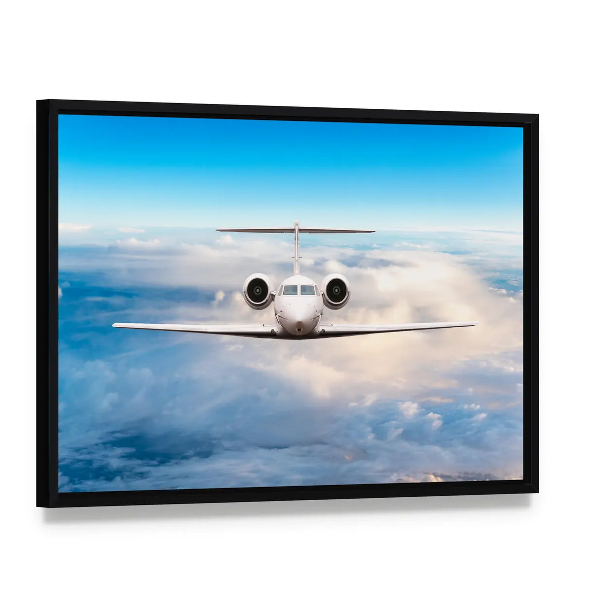 Private Jet in Flight Canvas Wall Art, framed canvas in a black floater frame, angled product view