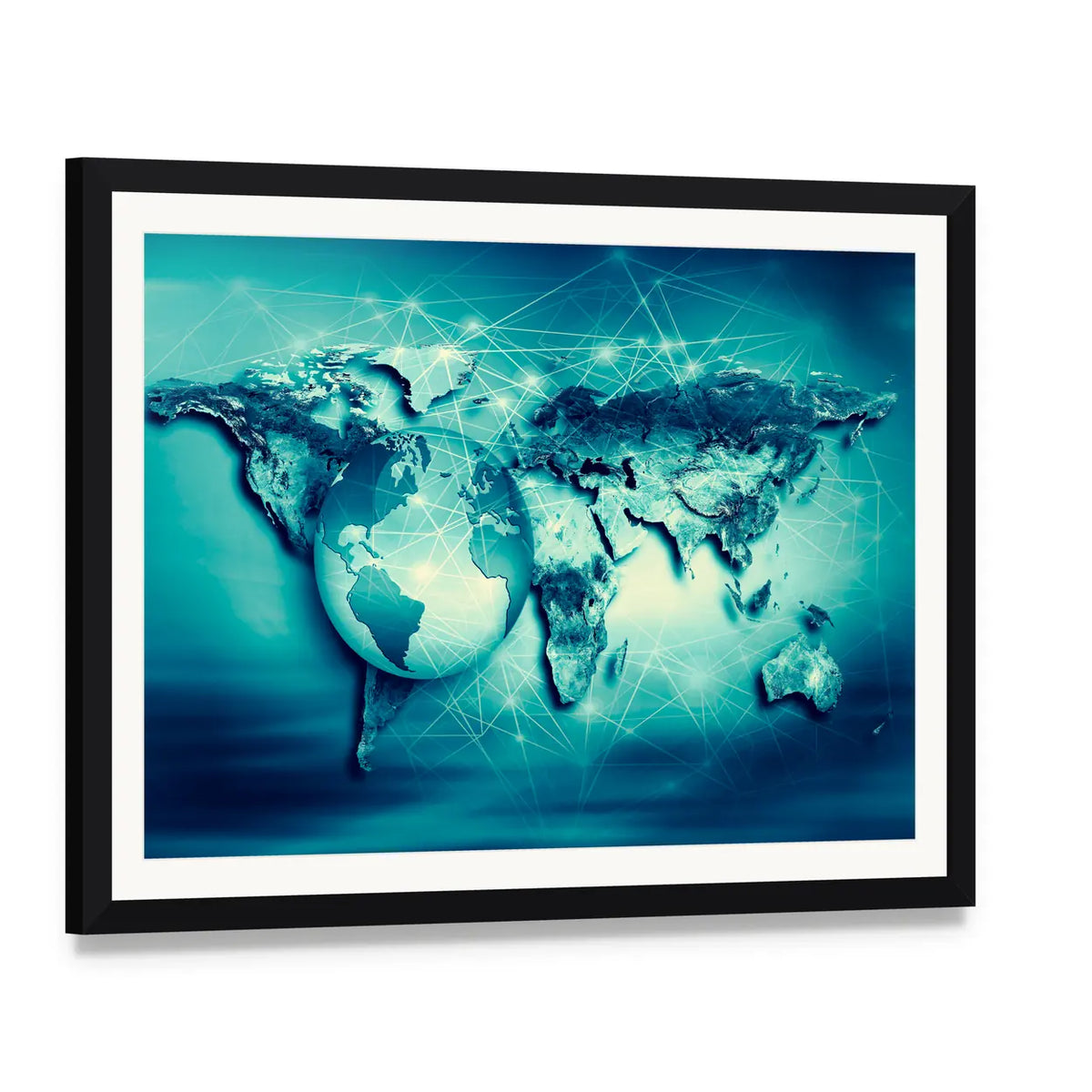 Connected World Map with Translucent Globe Canvas Wall Art, framed print with white mat and black frame, angled product view
