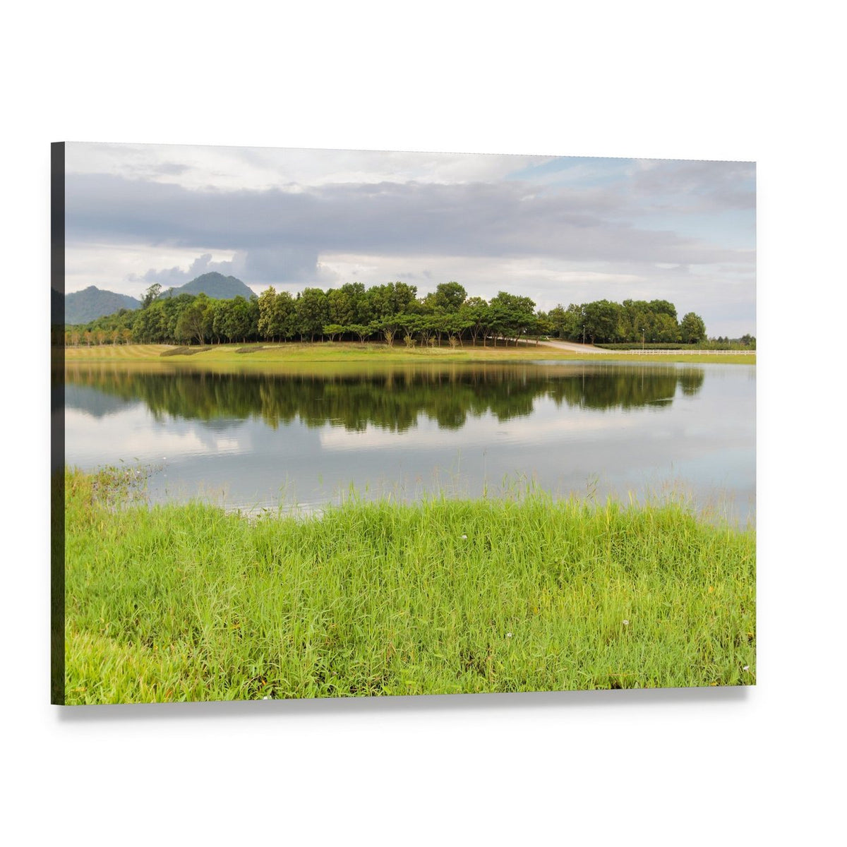 Reservoir with Grassy Meadow Canvas Wall Art, single panel gallery wrapped canvas, angled product view