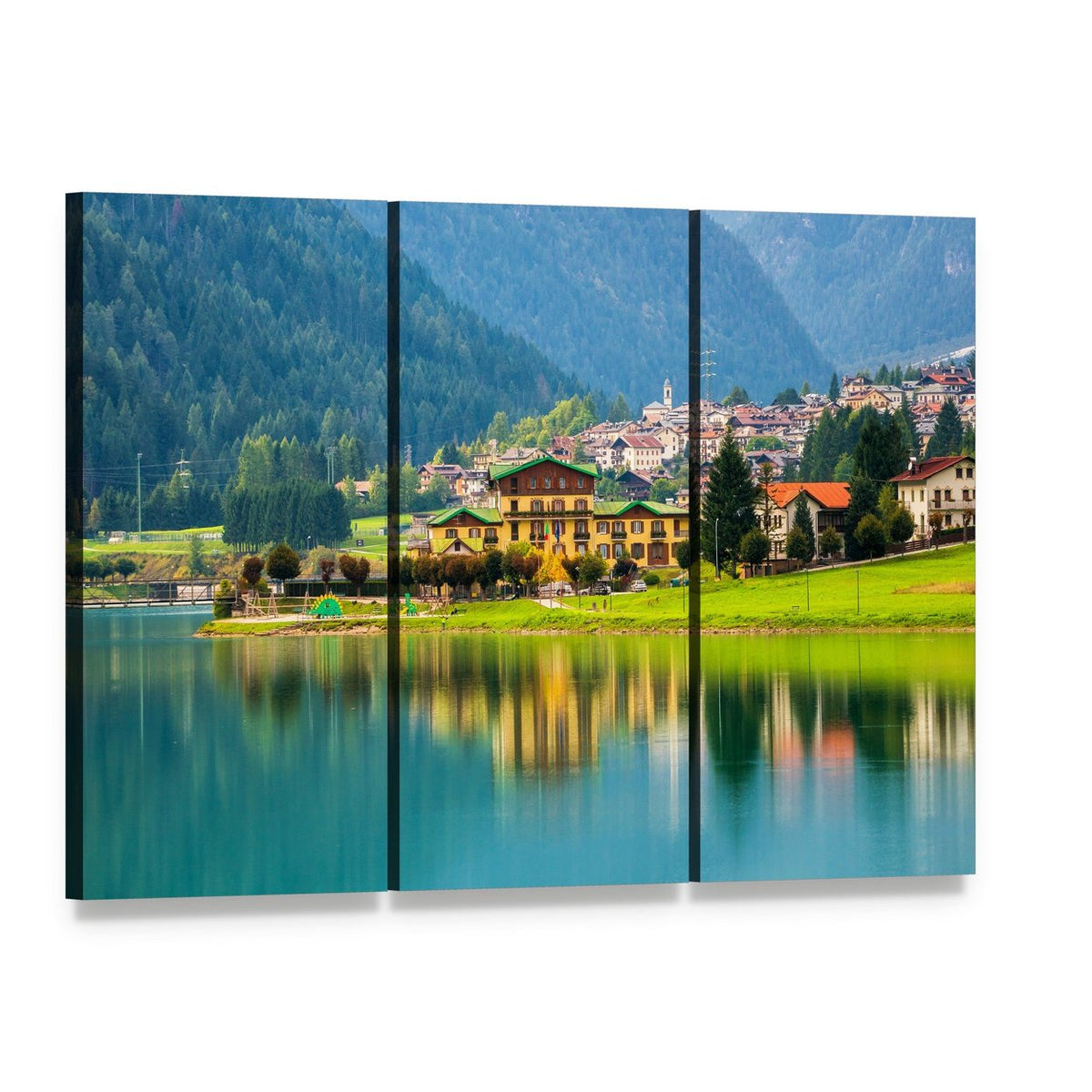 Lake Auronzo with Village Reflection Canvas Wall Art, 3 panel 3 Horizontal layout gallery wrapped canvas set, angled product view