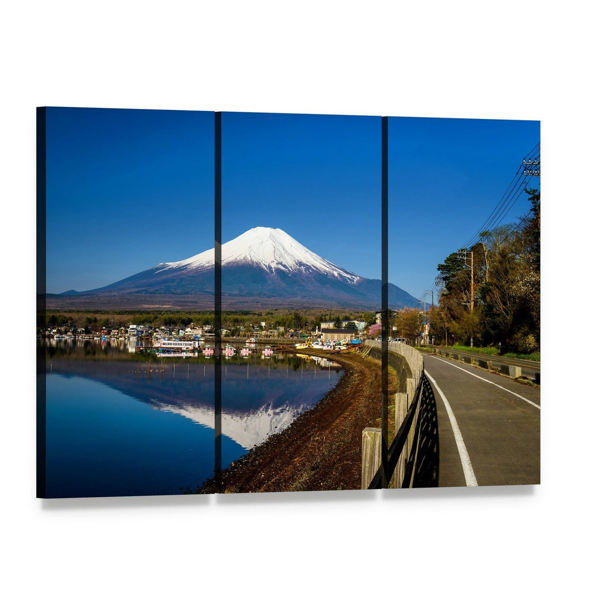 Yamanaka Lake with Mount Fuji Canvas Wall Art, 3 panel 3 Horizontal layout gallery wrapped canvas set, angled product view