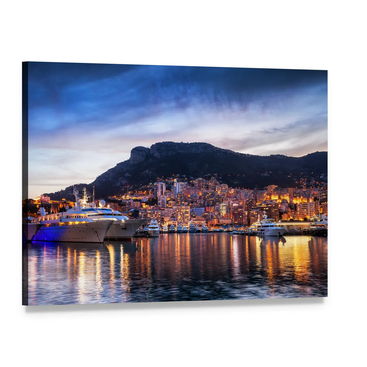 Monaco Harbor Skyline at Twilight Canvas Wall Art, single panel gallery wrapped canvas, angled product view