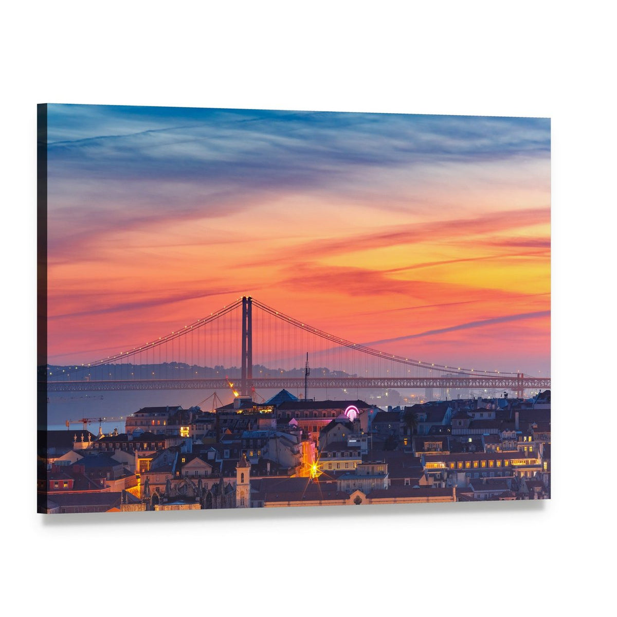 25 De Abril Bridge at Sunset Canvas Wall Art, single panel gallery wrapped canvas, angled product view