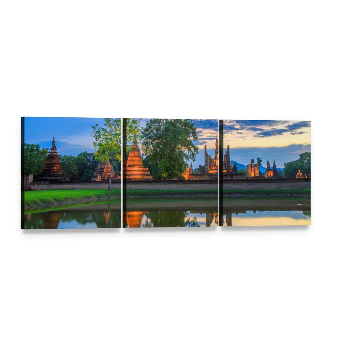 Buddha and Temple Reflections at Dusk Panoramic Canvas Wall Art, 3 panel 3 Piece layout gallery wrapped canvas set, angled product view