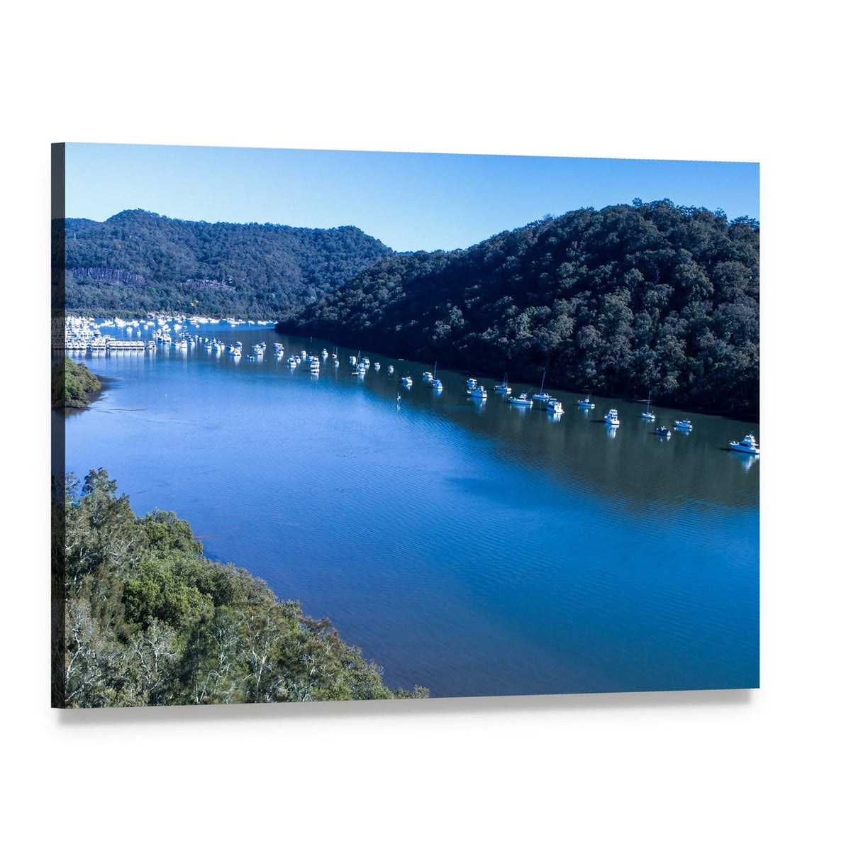 Boats Moored on Hawkesbury River Canvas Wall Art, single panel gallery wrapped canvas, angled product view