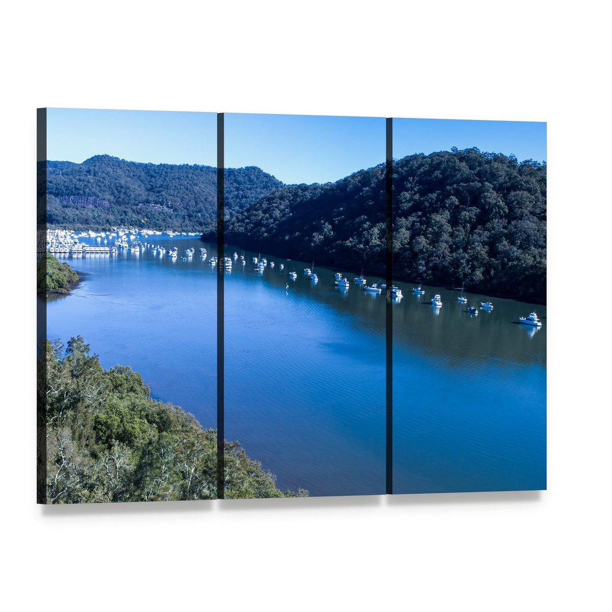 Boats Moored on Hawkesbury River Canvas Wall Art, 3 panel 3 Horizontal layout gallery wrapped canvas set, angled product view
