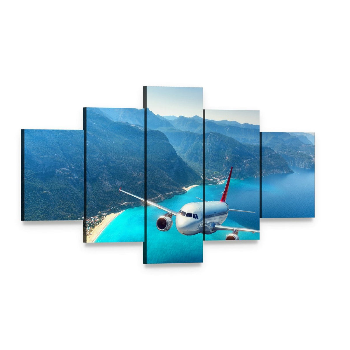 Commercial Airplane Over Ocean Coastline Canvas Wall Art, 5 panel 5 Star layout gallery wrapped canvas set, angled product view