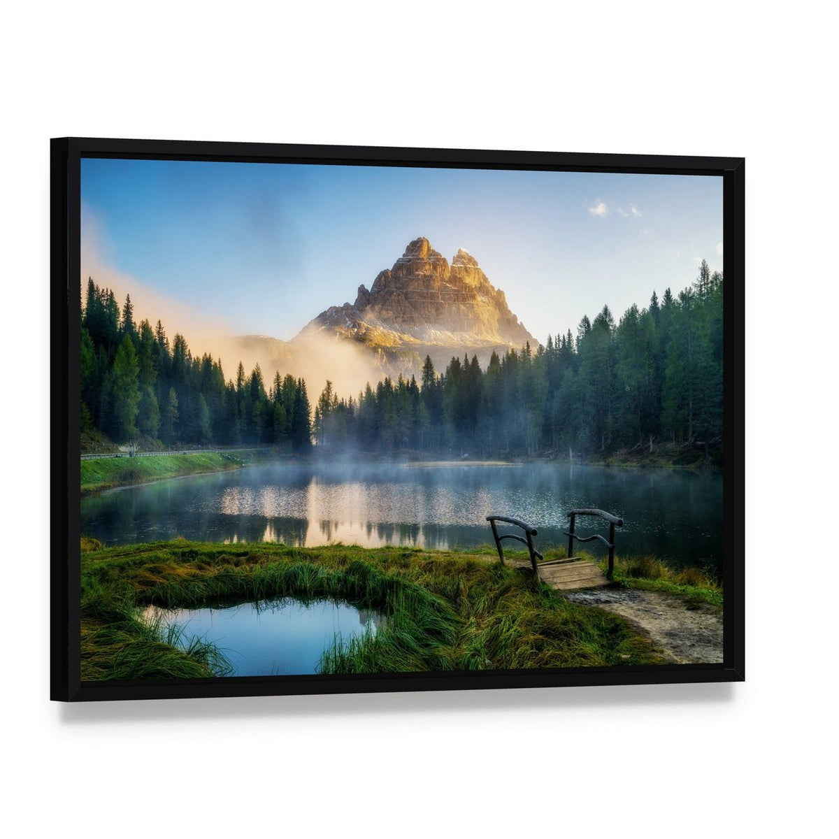 Antorno Lake with Mountain Peak Canvas Wall Art, framed canvas in a black floater frame, angled product view