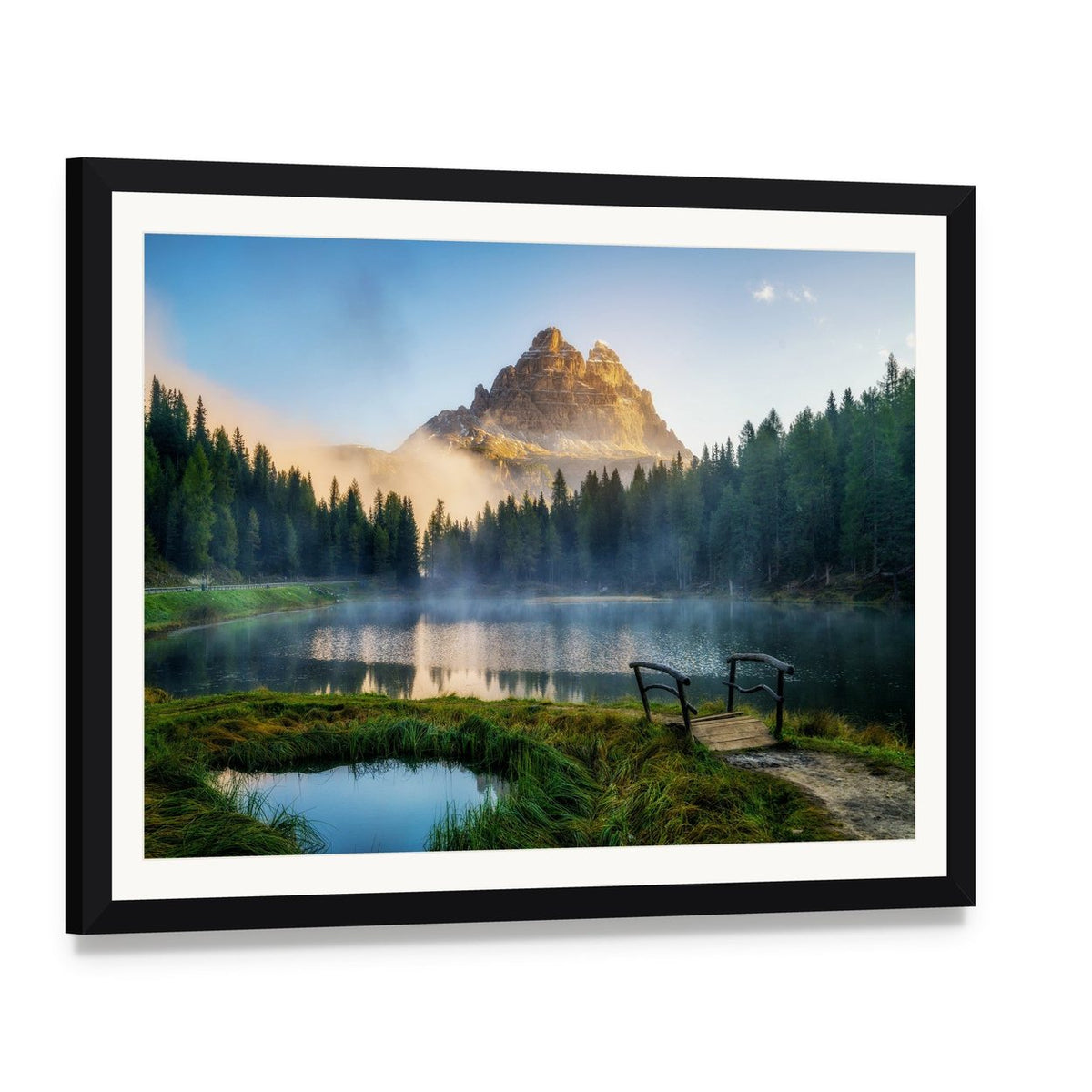 Antorno Lake with Mountain Peak Canvas Wall Art, framed print with white mat and black frame, angled product view
