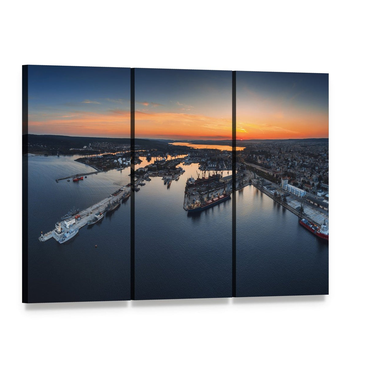 Industrial Harbor in Varna Canvas Wall Art, 3 panel 3 Horizontal layout gallery wrapped canvas set, angled product view