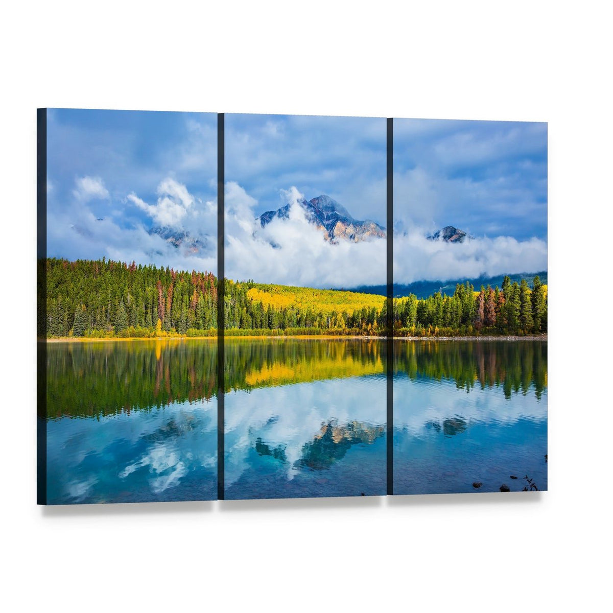 Patricia Lake Reflection Canvas Wall Art, 3 panel 3 Horizontal layout gallery wrapped canvas set, angled product view