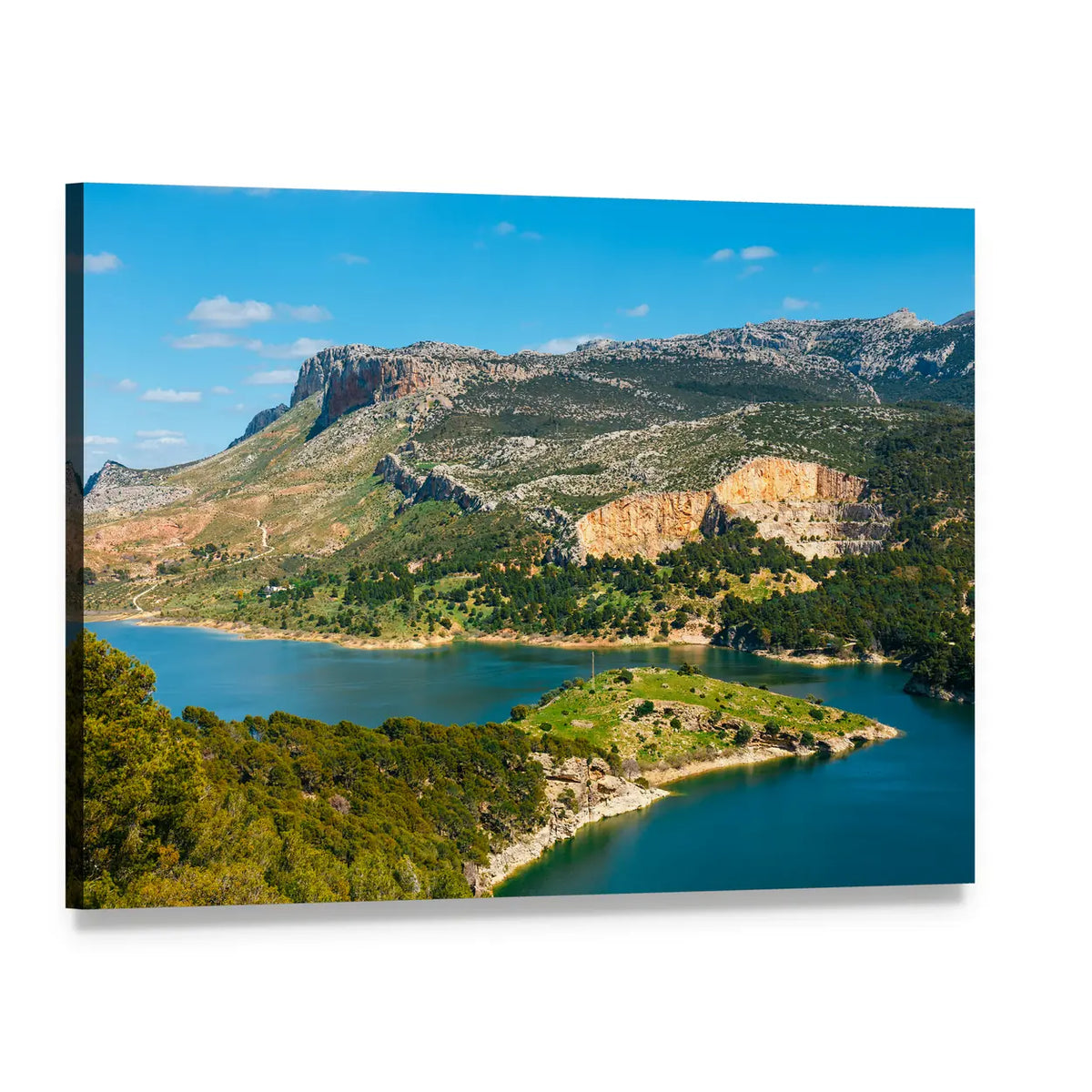 Limestone Cliffs and Blue Lake Canvas Wall Art, single panel gallery wrapped canvas, angled product view