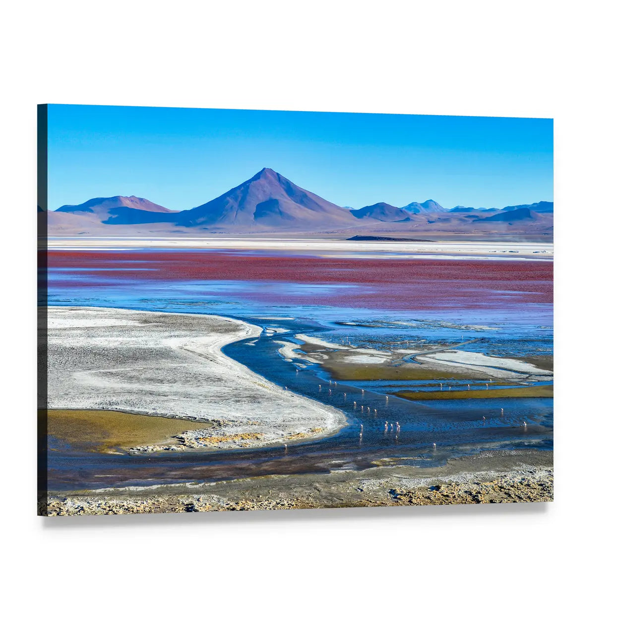 Laguna Colorada Bolivia Red Lagoon with Flamingos Canvas Wall Art, single panel gallery wrapped canvas, angled product view