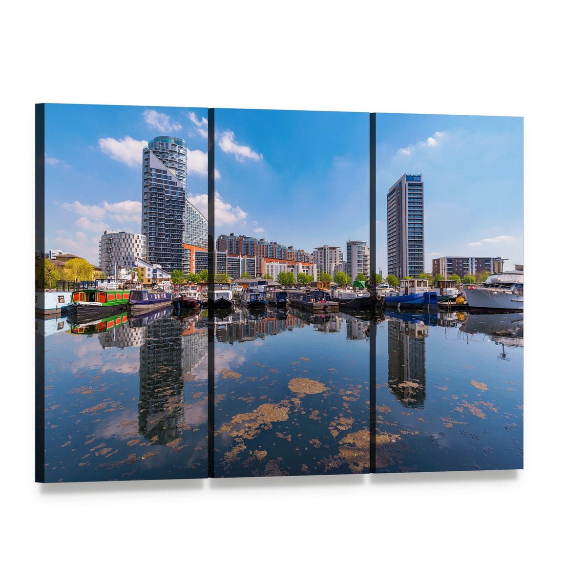 Blackwall Basin Riverside Canvas Wall Art, 3 panel 3 Horizontal layout gallery wrapped canvas set, angled product view